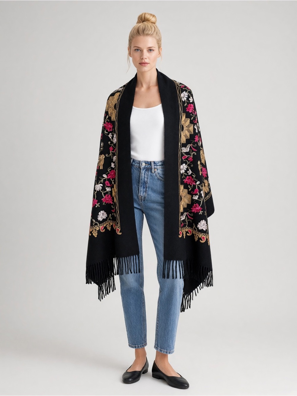 Black Floral Embroidered Fringe Wrap Pashmina Shawl. Bohemian. Western. Artsy
